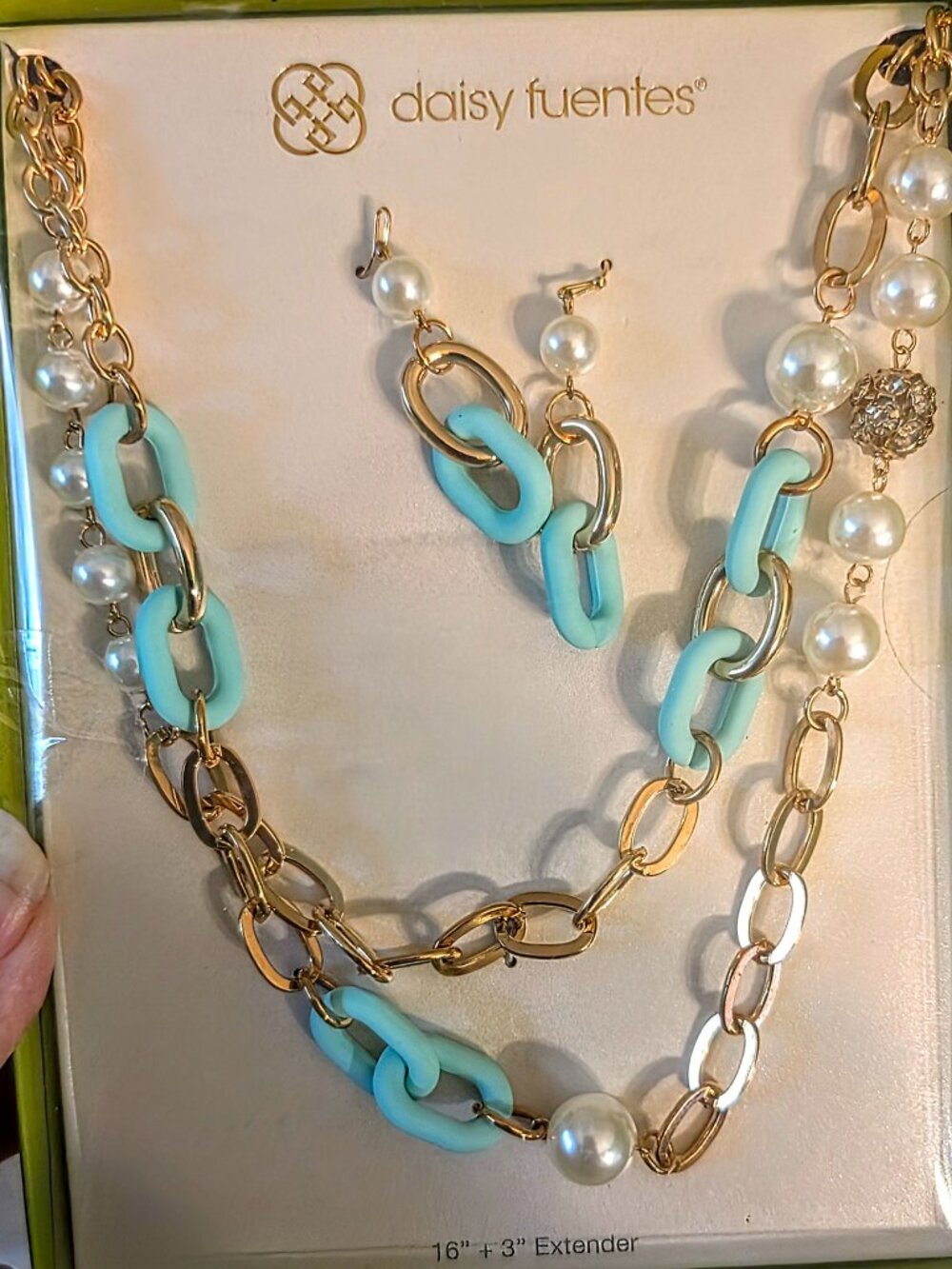 Daisy Fuentes gold blue and pearl necklace and earrings set NWT